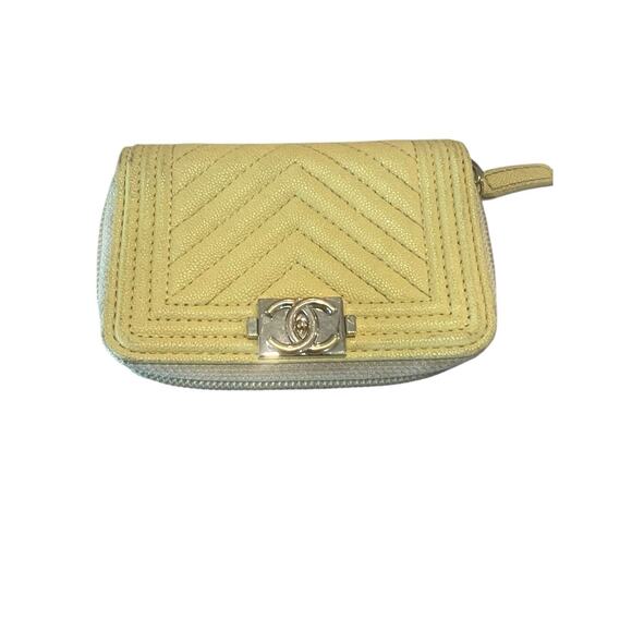 CHANEL Yellow Caviar Leather Chevron Quilted Boy Zip Around Coin Purse Wallet - Picture 1 of 16